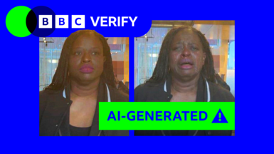 A genuine image of Nekima Levy Armstrong being arrested on the left next to an edited image to show her crying during the arrest on the right with an 'AI-generated' label on it