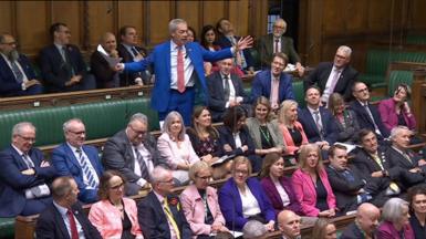 Nigel Farage with arms aloft in Commons, surrounded by seated Lib Dem MPs