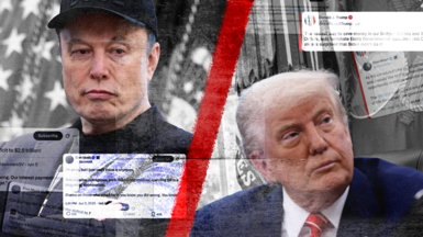 Images of Elon Musk and Donal Trump split by a red line after their social media spat