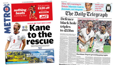 A composite image of the Metro and the Daily Telegraph. "Kane to the rescue" reads the headline of the former and "defence black hole triples to £15bn" reads the headline on the front page of the latter.