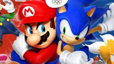 Mario and Sonic push up against each other, eyes locked. Both have competitive, determined expressions on their faces and small beads of sweat can be seen on each character's head.