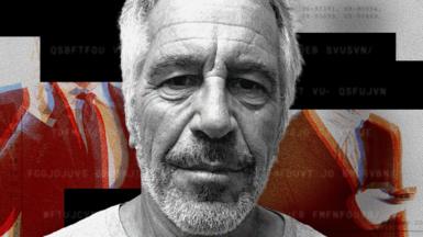 A heavily stylised, high contrast composite image with a black-and-white photo of Jeffrey Epstein’s head in the centre and abstract red, orange, and beige shapes resembling suited figures on either side. The background includes dark horizontal bars with scattered, distorted alphanumeric characters. The overall effect is graphic and textured, with a mix of digital noise and collage-like elements.