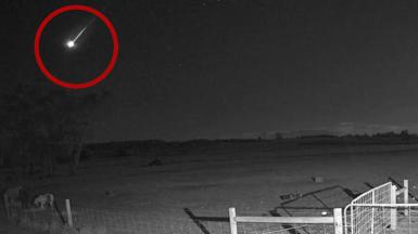 A meteor, circled with a red overlay, streaks over a field at night. A fence is pictured in the foreground of the image and a thin line of trees is faintly visible in the distance.