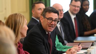 Andy Burnham speaking at the first meeting of his new cabinet in Downing Street