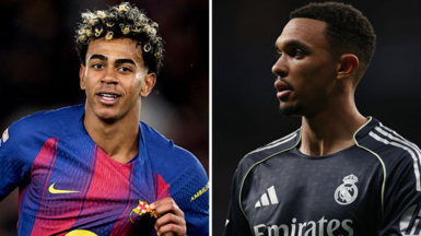 Split picture, with Lamine Yamal smiling and holding the badge on his Barcelona shirt, and Trent Alexander-Arnold expressionless in Real Madrid's black away kit