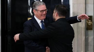 Sir Keir Starmer and Volodymyr Zelenskyy sharing a hug outside of 10 Downing Street on Sunday