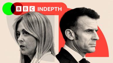 A treated image of Giorgia Meloni and Emmanuel Macron