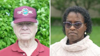 Split screen. A man is on the left and a woman is on the right.