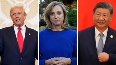 Split screen of Donald Trump (L),  Laura Bicker (M), and Xi Jinping (R)