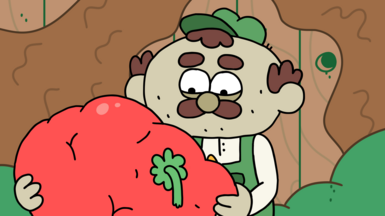 A cartoon image of a man with a moustache wearing green dungarees and matching baseball cap cradling a giant tomato. His expression looks a bit sad as he gazes at the mis-shapen but impressively large produce.