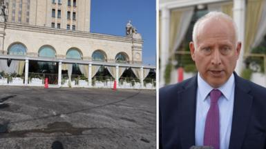 On the left, a picture outside the Blazi Rossi Italian restaurant in Moscow. On the right, Steve Rosenberg.