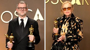 A composite image of Paul Thomas Anderson and Amy Madigan holding their Oscars