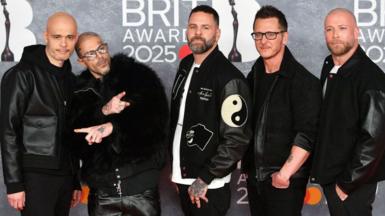 Sean Conlon, Abz Love, Scott Robinson, Ritchie Neville and Jason Paul Brown of Five attends The BRIT Awards 2025 at Intercontinental London