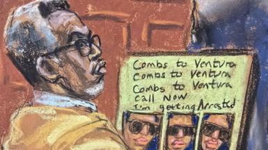 A sketch of Mr Combs listening in court while Ms Ventura testifies