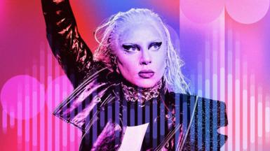 An image of Lady Gaga overlaid with a pink and purple pattern