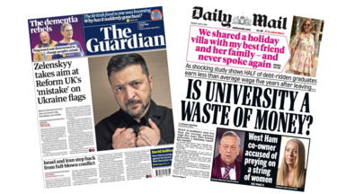 The headline on the front page of the the Guardian reads: “Zelenskyy takes aim at Reform UK's 'mistake' on Ukraine flags". The headline on the front page of the Daily Mail reads: “Is university a waste of money?”.