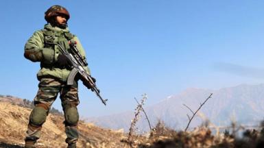 Indian army soldiers are patrolling the Line of Control (LoC) between Pakistan and India in Uri Sector, Jammu and Kashmir, India, on January 24, 2024. 