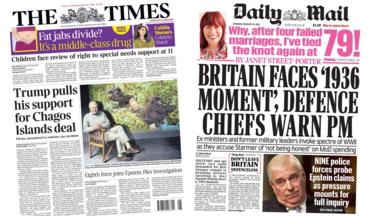 The front pages of the Times and the Daily Mail on 19 February 2026.