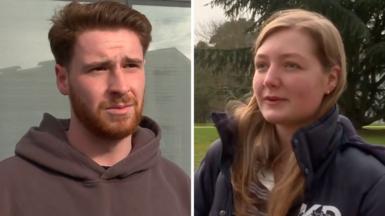 Composite image : Male student on the left wearing a brown hoodie, female on the right wearing a dark coat.
