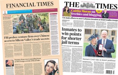 The front pages of the Financial Times and the Times newspapers.