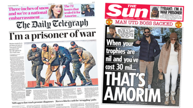 A composite image of the front pages of the Daily Telegraph and the Sun. "I'm a prisoner of war" reads the headline of the former and "that's Amorim" reads the headline on the front page of The Sun.
