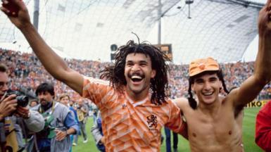 Ruud Gullit and Gerald Vanenburg celebrate after the Netherlands beat USSR 2-0 in the Euro 1988 final in Munich
