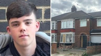 Cole Worthy (left), house with damage to its front window (right)