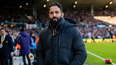 Manchester United head coach Ruben Amorim in a dark winter coat on the touchline before the 1-1 draw with Leeds