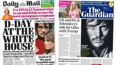 A composite image of the front pages of the Daily Mail and The Guardian. The former's headline reads "D-Day at the White House" and the latter's shows a large photo of Terrence Stamp announcing that the "Superman at dies at 87".