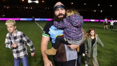 Joe Marler with his children on his final appearance for Harlequins
