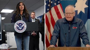 A composite image of Kristi Noem and Tim Walz.