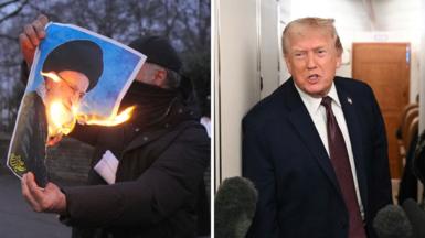 On the right left, anti-Iranian regime protester burns an image of Ayatollah Ali Khamenei and on the right we see Donald Trump.