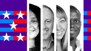 A composite showing half of 4 faces, a woman, a man, a woman, and a man