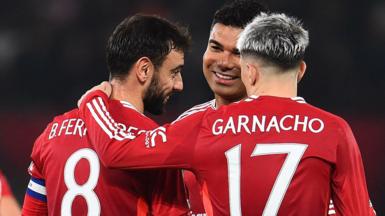 Manchester United celebrate a goal against Leicester