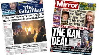 A composite image of the front pages of the Guardian and the Daily Mirror on 14 January 2026