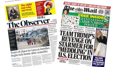 The Observer and Mail on Sunday front pages on 19 January 2025