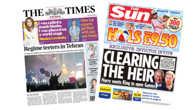 The headline on the front page of the Times reads: “Regime teeters in Tehran”. The headline on the front page of the Sun reads: “Clearing the heir”.