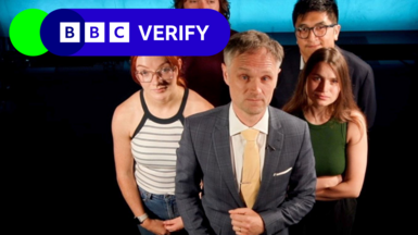 Five members of BBC Verify's team stand in a dark room looking at the camera, with a BBC Verify logo graphic in the top left corner of the image.