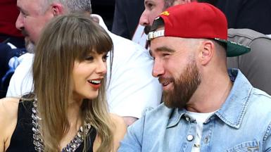  Travis Kelce and Taylor Swift attends the game between the New York Knicks and Cleveland Cavaliers during Game Three of the 2026 Eastern Conference Finals on May 23, 2026 at Rocket Arena in Cleveland, Ohio.