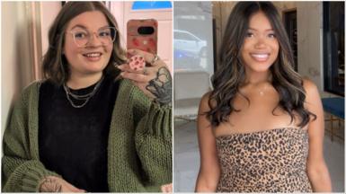 Composite image of two photos of different woman: A woman in a black outfit, green cardigan and glasses smiles as she takes a selfie on her phone in a mirror in a house; A woman in a leopard-print dress and long brown hair smiles at the camera