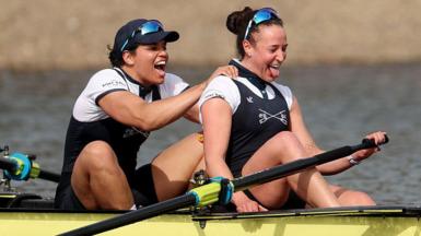 Oxford's Kyra Delray and Esther Briz Zamorano celebrate after victory in the women's Boat Race
