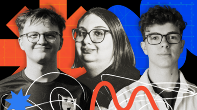 A composite image showing our three young case studies for this story - Paddy, Lotte and Stefano - who are shown in head and shoulders shots next to each other in black and white. Against a black background behind them is a pattern of blue and orange shapes, with roughly drawn orange, blue and white lines in the foreground.