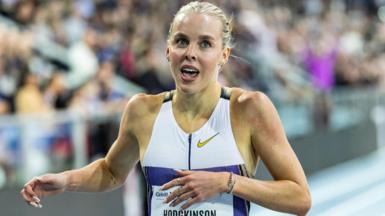 Keely Hodgkinson crosses the line in a world record time in Lievin