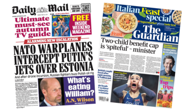 The headline of the Daily Mail reads: "Nato warplanes intercept Putin's jets over Estonia". The headline of the Guardian reads: "Two-child benefit cap is 'spiteful' - minister".
