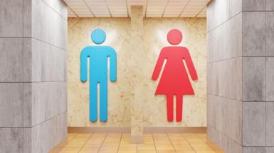 Stock photo shows two entrances to single space public toilets - designated by large signs of a man in blue and a woman in red.