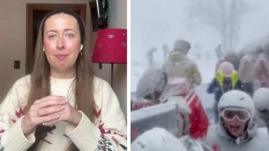 Composite image showing on the left woman wearing white jumper and people covered in snow on the right