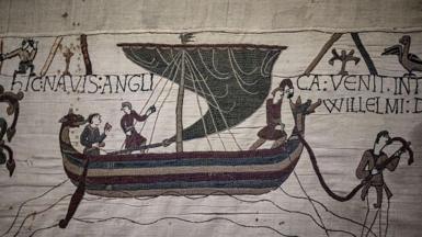 This photograph shows a detail of Bayeux Tapestry before being placed in a crate for transfer to the British Museum, at the Bayeux Tapestry Museum, in Bayeux, northwestern France, on September 18, 2025