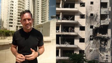 Split image of Hugo Bachega and a destroyed building