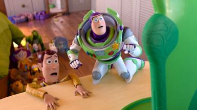 Woody and Buzz Lightyear looking scared of the digital tablet known as Lilypad