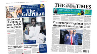 A composite image of the Guardian and Times front pages